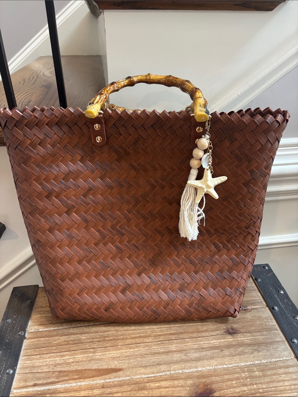 Tommy Bahama Brown Woven Tote with Bamboo-Style Handles and Starfish Charm